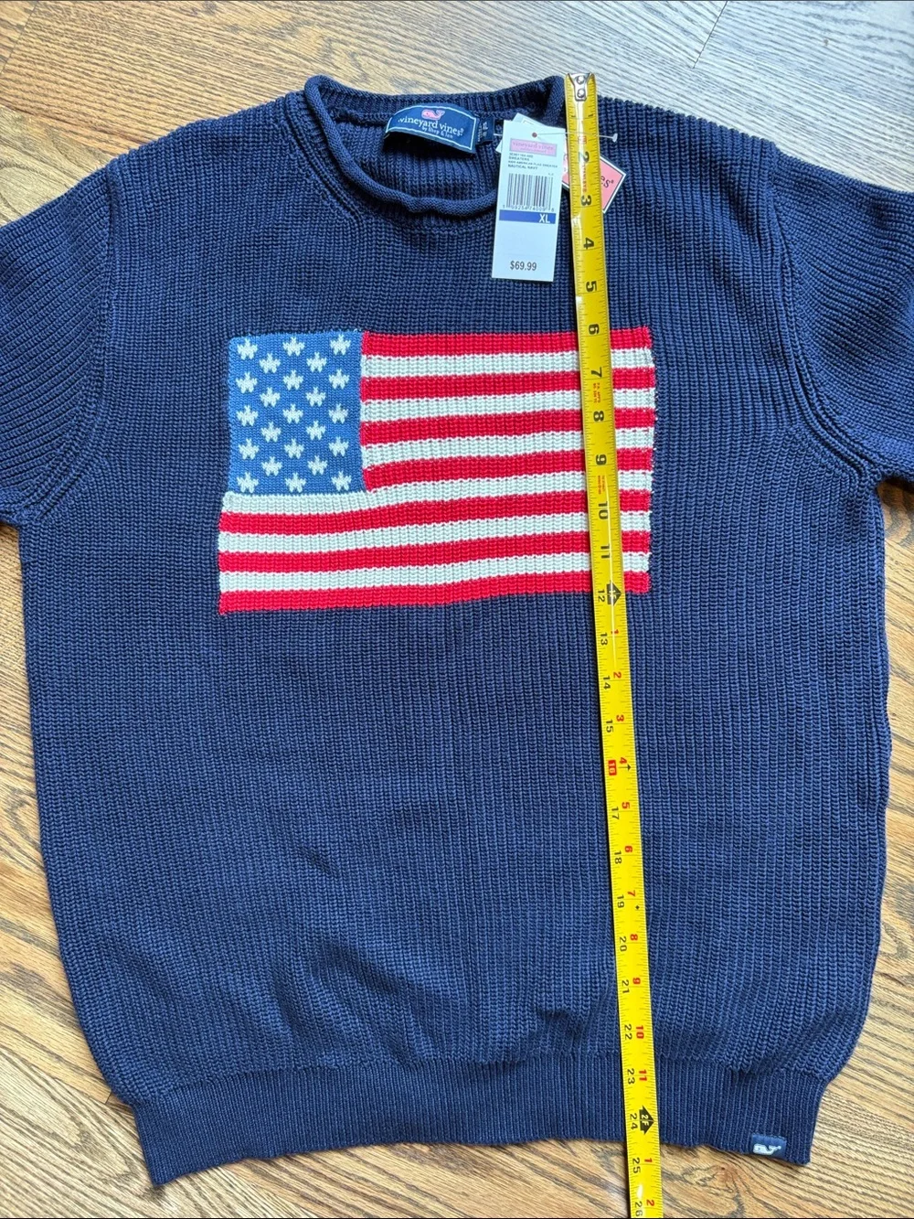 NWT Vineyard Vines Navy Cotton Rollneck Sweater with American Flag Knit